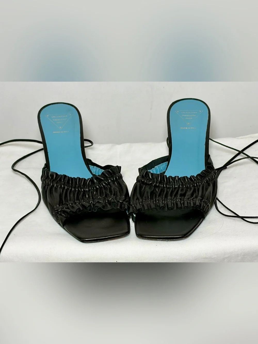 Valentina Rangoni Firenze Black Ruched Leather Lace-Up Kitten Heel Sandals, 8M